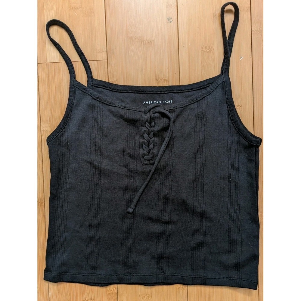 American Eagle Black Lace-Up Knit Camisole Top LG Fairy Grunge Ribbed VTG Cotton